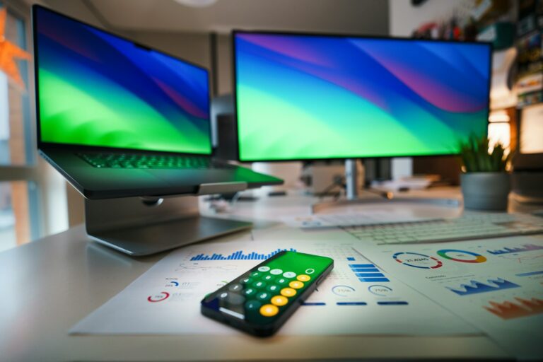 a remote control sitting on top of a desk next to two computer monitors